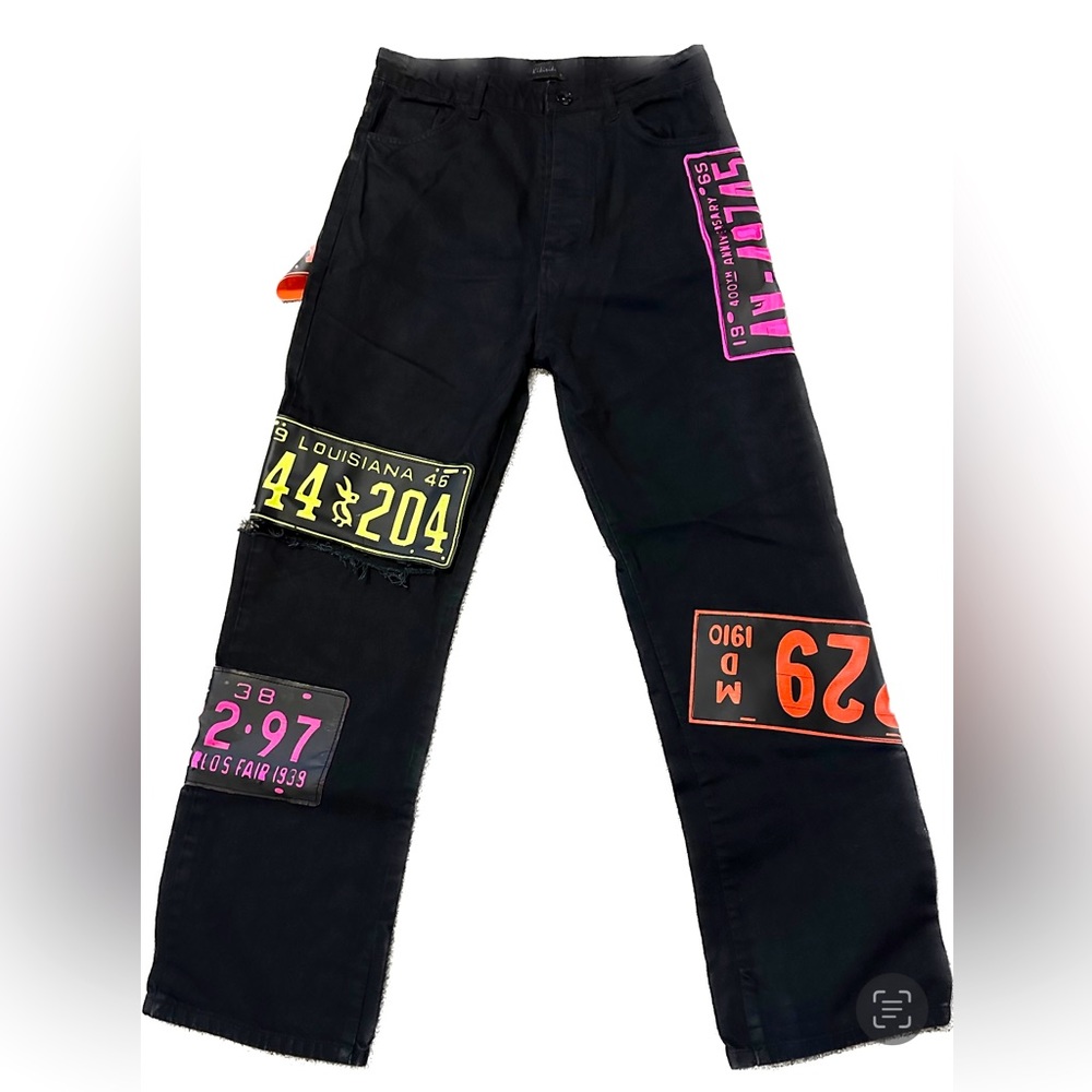 Kikiriki Black Denim Pants with Neon License Plates